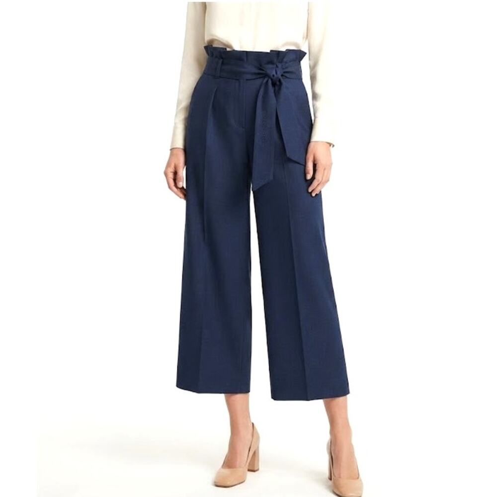 Adolfo Dominguez Navy Paperbag Wide Leg Cropped Trousers Women's Small 38 Belted
